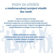Poziv za učešće u međunarodnoj razmjeni mladih: Bar 2026!